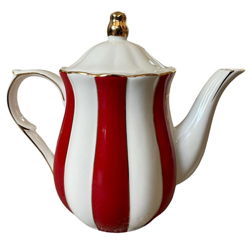 Grace Teaware Fine Porcelain Teapot Holiday Red White Gold Peppermint Stripe New